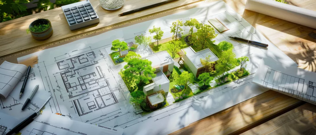 architectural-plans-with-landscape-design-desk-top-view
