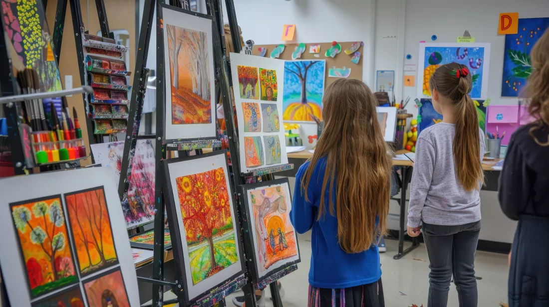 children-viewing-autumnthemed-artwork-classroom-setting-ai-generative