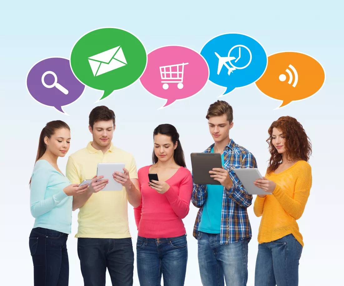 people-communication-technology-concept-smiling-friends-with-smartphones-tablet-pc-computers-blue-background-with-doodles